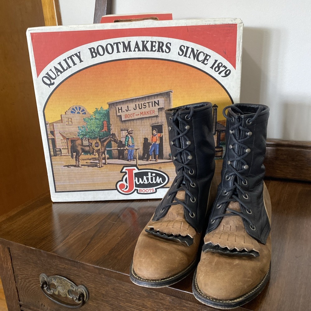 Justin Roper Kiltie Tan & Black Leather Western Boots Womens 6 Vintage Box